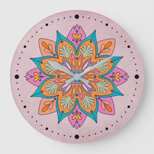 インドカラフル円:装飾曼荼羅 ラージ壁時計 (正面)