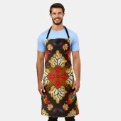 インドネシアのろうけつ染めのモチーフで、非常に特徴的なフローを持つ エプロン (着用した状態)