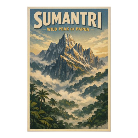 インドネシアのスマントリ山をクラシックなレトロ調で ポスター (正面)