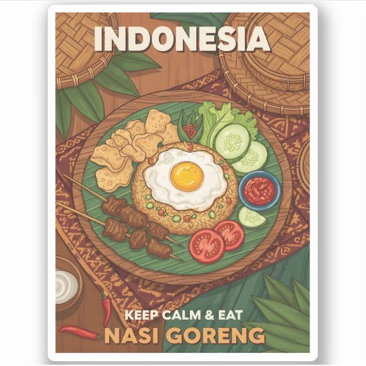 インドネシアのナシゴレン料理の面白いレトロ旅行 シール (正面)