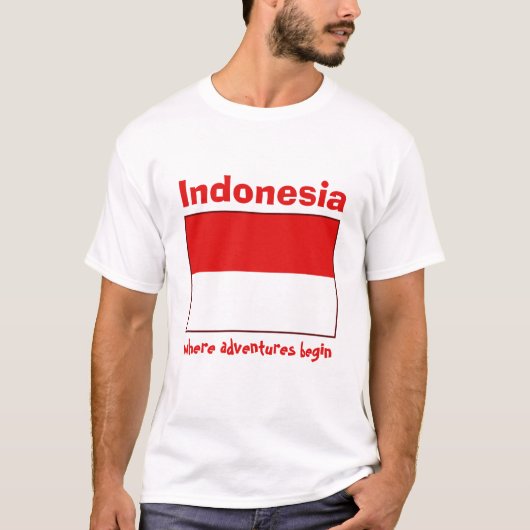 インドネシアの旗+地図+テキストTシャツ Tシャツ (正面)