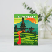 インドネシアの日の入り寺院と棚田 ポストカード (スタンド正面)