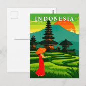 インドネシアの日の入り寺院と棚田 ポストカード (正面/裏面)