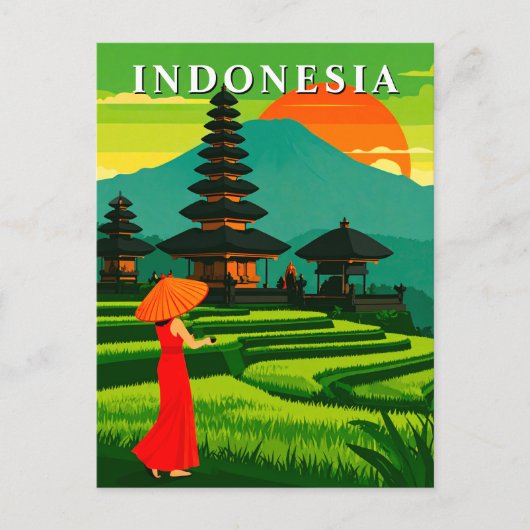 インドネシアの日の入り寺院と棚田 ポストカード (正面)