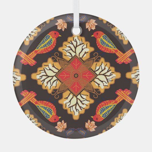 インドネシアろうけつ染め:動物相モチーフ。 ガラスオーナメント (正面)