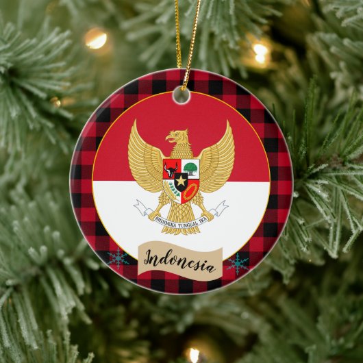 インドネシア国旗、レッドバッファロー・プレイド&インドネシア国旗 セラミックオーナメント (ツリー)