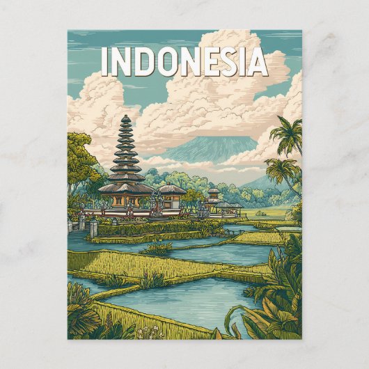 インドネシア イラスト 旅行 アート ヴィンテージ ポストカード (正面)