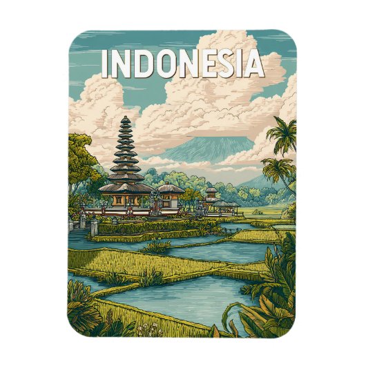 インドネシア イラスト 旅行 アート ヴィンテージ マグネット (縦)