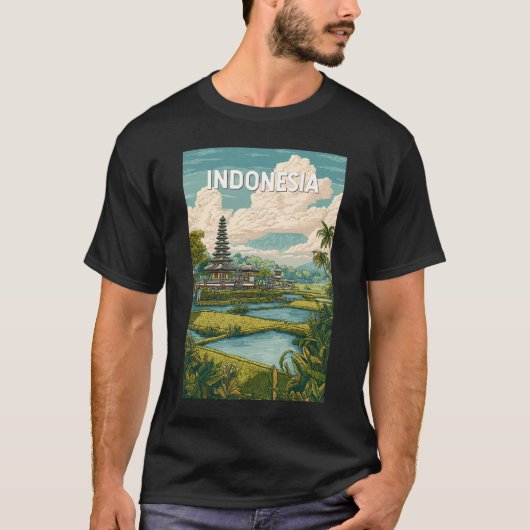 インドネシア イラスト 旅行 アート ヴィンテージ Tシャツ (正面)