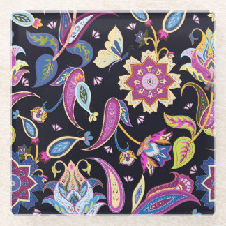 インドペイズリーシームレスフローラオーナメント ガラスコースター