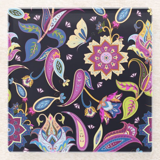インドペイズリーシームレスフローラオーナメント ガラスコースター (正面)