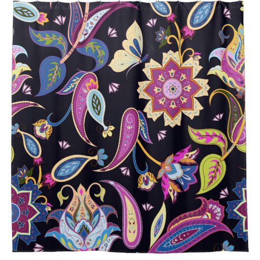 インドペイズリーシームレスフローラオーナメント シャワーカーテン (正面)