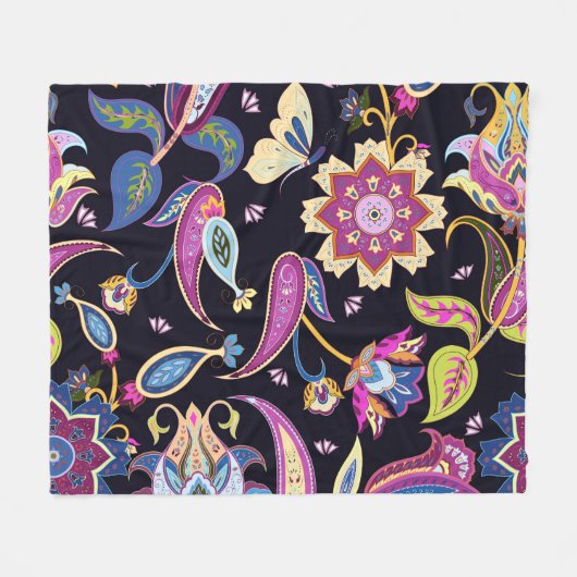 インドペイズリーシームレスフローラオーナメント フリースブランケット (正面(横))