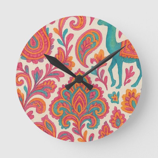 インドボヘミアカラフルジプシースタイル水彩画 ラウンド壁時計 (正面)