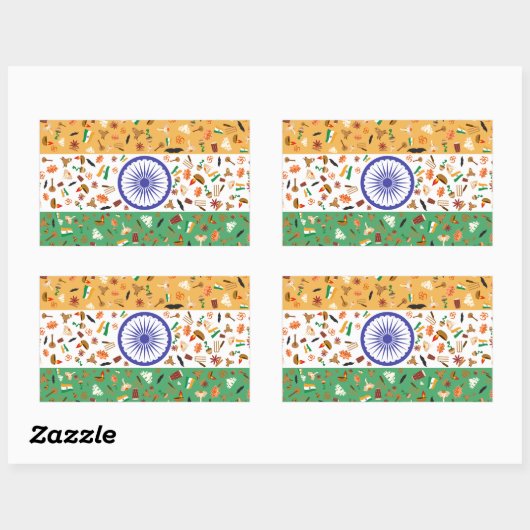 インド国旗と文化品目 長方形シール (シート)