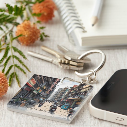 インド忙しコルカタのダウンタウン通り キーホルダー (正面右)