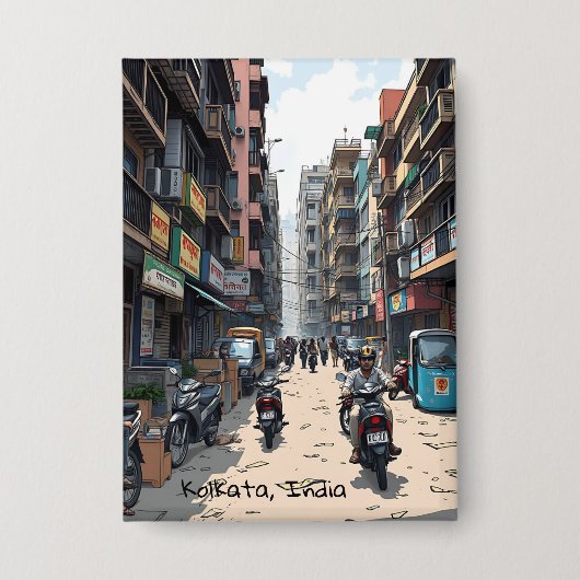 インド忙しコルカタのダウンタウン通り 缶バッジ (正面)