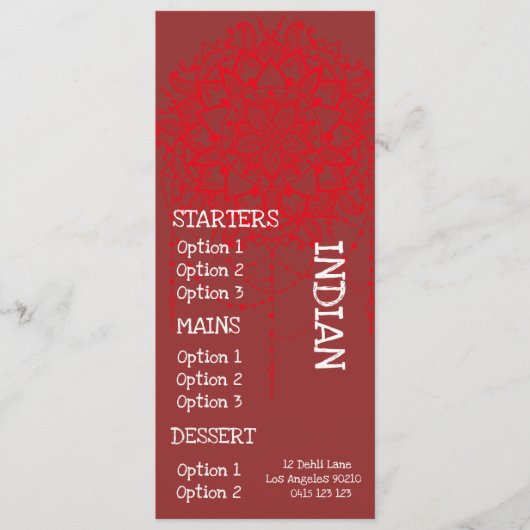 インド料理の夕食メニュー メニュー (正面)