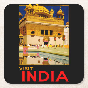 インド旅行ポスターインディアンヴィンテージアート スクエアペーパーコースター
