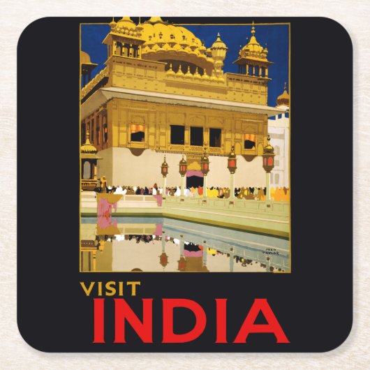 インド旅行ポスターインディアンヴィンテージアート スクエアペーパーコースター (正面)