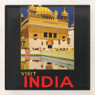 インド旅行ポスター インド ヴィンテージ アート ガラスコースター