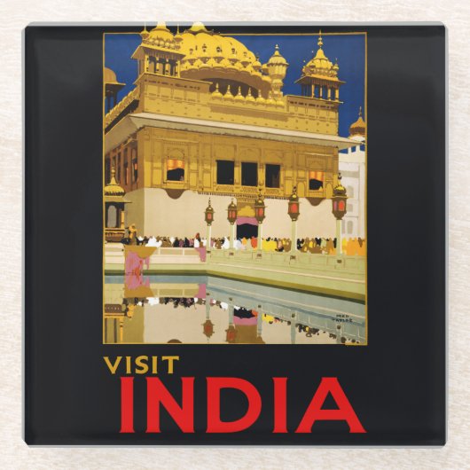 インド旅行ポスター インド ヴィンテージ アート ガラスコースター (正面)