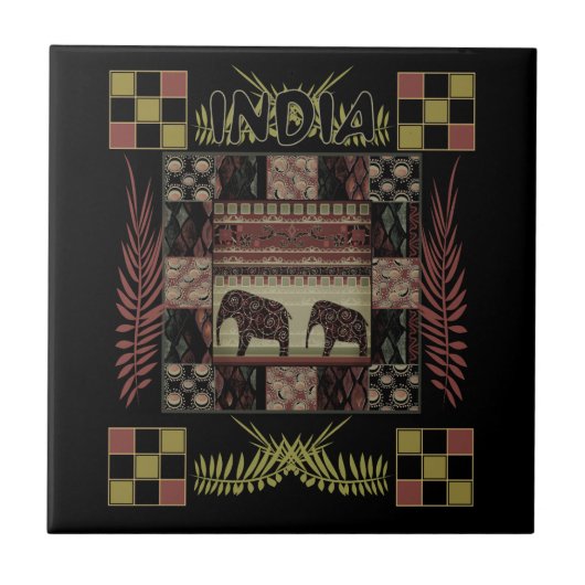 インド民族のパッチワーク・ゾウ タイル (正面)