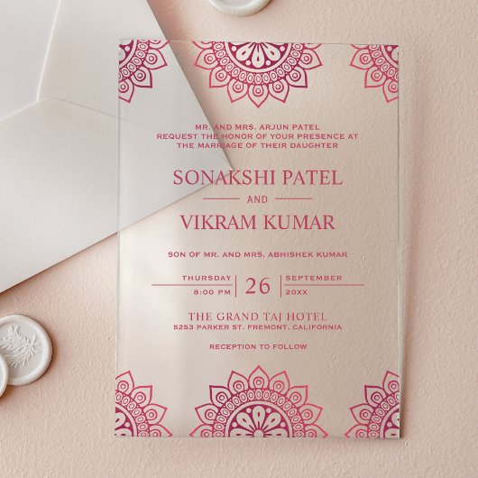 インド結婚式 ピンクの曼荼羅 アクリル招待状