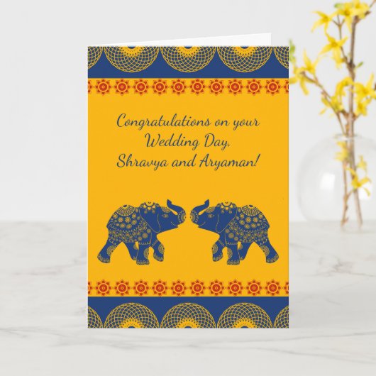 インド風の象がデザインされたオリジナルの結婚祝いカード カード (黄色い花)