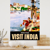 インド、ウダイプール。湖のほとりの女性。ヴィンテージ旅行 ポスター (キッチン)