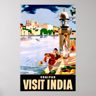 インド、ウダイプール。湖のほとりの女性。ヴィンテージ旅行 ポスター