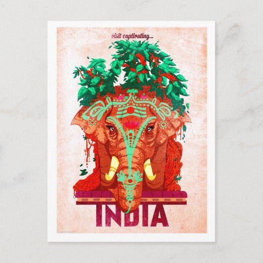 インド、赤い象、ヴィンテージ旅行はがき ポストカード (正面)
