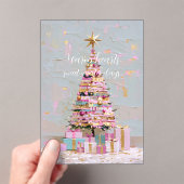 インパストピンクとゴールドのクリスマスツリー アクリル招待状 (インサイチュ (ポータブル))