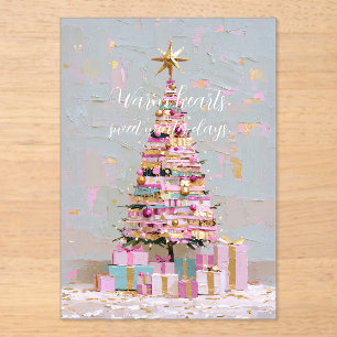 インパストピンクとゴールドのクリスマスツリー アクリル招待状