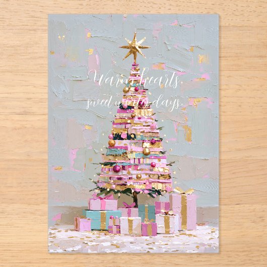 インパストピンクとゴールドのクリスマスツリー アクリル招待状 (正面)