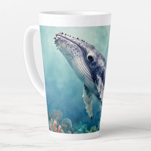 インパスト技法で描かれた美しいクジラの海洋イラスト カフェラテマグ (左アングル)