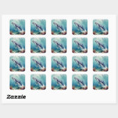 インパスト技法で描かれた美しいクジラの海洋イラスト スクエアシール (シート)