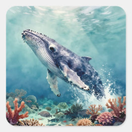 インパスト技法で描かれた美しいクジラの海洋イラスト スクエアシール