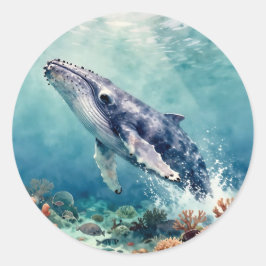インパスト技法で描かれた美しいクジラの海洋イラスト ラウンドシール