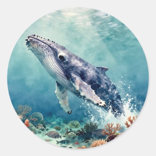 インパスト技法で描かれた美しいクジラの海洋イラスト ラウンドシール (正面)