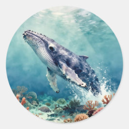 インパスト技法で描かれた美しいクジラの海洋イラスト ラウンドシール