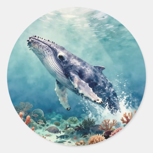 インパスト技法で描かれた美しいクジラの海洋イラスト ラウンドシール (正面)