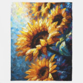 インパスト絵画トのヒマワリ青 フリースブランケット (正面)