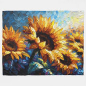 インパスト絵画トのヒマワリ青 フリースブランケット (正面(横))