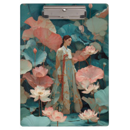 インパスト風のハンボックとピンクの蓮の花 ヴィンテージ クリップボード