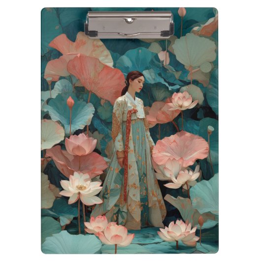 インパスト風のハンボックとピンクの蓮の花 ヴィンテージ クリップボード (正面)