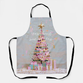 インパスト ピンクとゴールドのクリスマスツリー エプロン