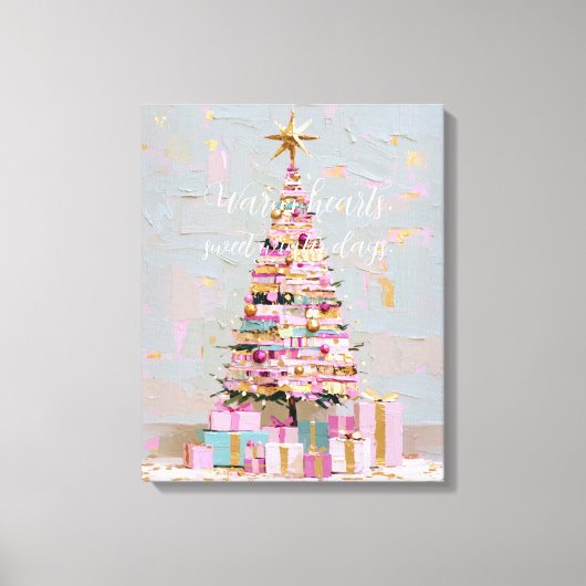 インパスト ピンクとゴールドのクリスマスツリー キャンバスプリント (正面)