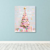 インパスト ピンクとゴールドのクリスマスツリー キャンバスプリント (インサイチュ (ウッドフロア))