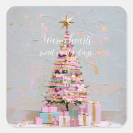 インパスト ピンクとゴールドのクリスマスツリー スクエアシール